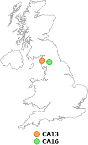 map showing distance between CA13 and CA16