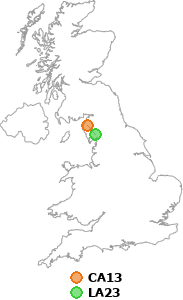 map showing distance between CA13 and LA23