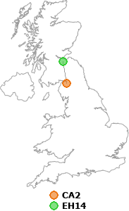 map showing distance between CA2 and EH14