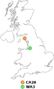 map showing distance between CA28 and WA3