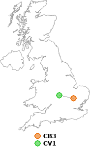 map showing distance between CB3 and CV1