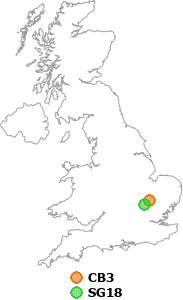 map showing distance between CB3 and SG18