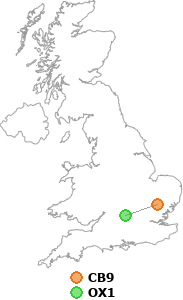 map showing distance between CB9 and OX1