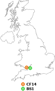 map showing distance between CF14 and BS1