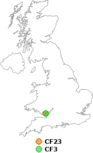 map showing distance between CF23 and CF3