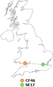 map showing distance between CF46 and SE17