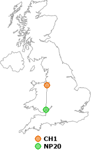 map showing distance between CH1 and NP20