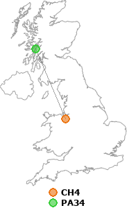 map showing distance between CH4 and PA34