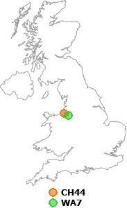 map showing distance between CH44 and WA7