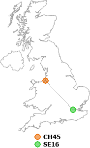 map showing distance between CH45 and SE16