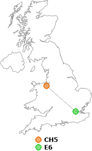 map showing distance between CH5 and E6