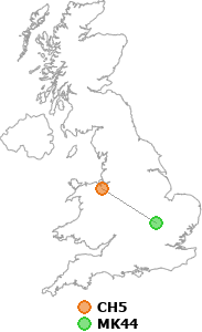 map showing distance between CH5 and MK44