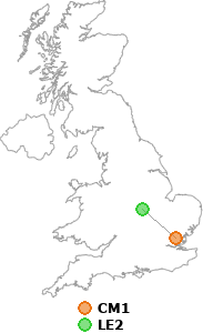 map showing distance between CM1 and LE2