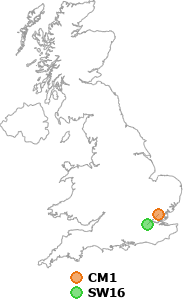 map showing distance between CM1 and SW16