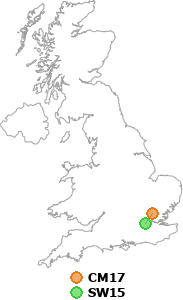 map showing distance between CM17 and SW15