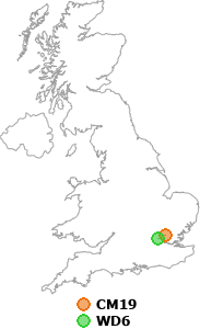 map showing distance between CM19 and WD6