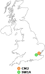 map showing distance between CM2 and SW1A