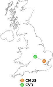 map showing distance between CM23 and CV3