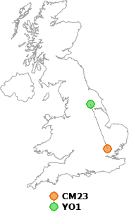 map showing distance between CM23 and YO1