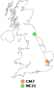 map showing distance between CM7 and NE21