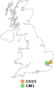 map showing distance between CO15 and CM1