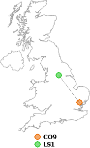 map showing distance between CO9 and LS1