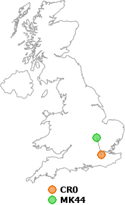 map showing distance between CR0 and MK44