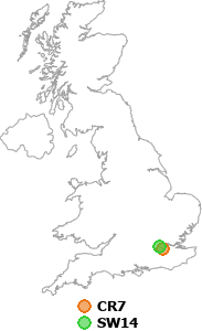 map showing distance between CR7 and SW14