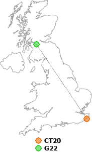 map showing distance between CT20 and G22