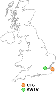 map showing distance between CT6 and SW1V