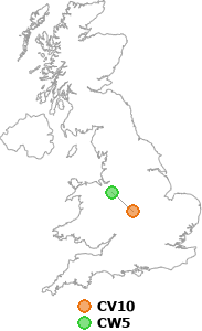 map showing distance between CV10 and CW5