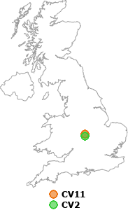 map showing distance between CV11 and CV2