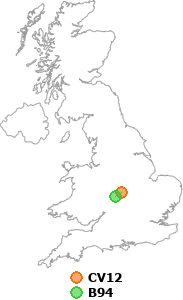 map showing distance between CV12 and B94