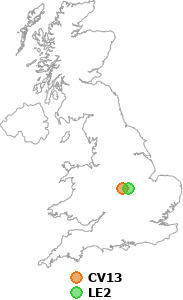 map showing distance between CV13 and LE2