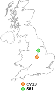 map showing distance between CV13 and S81