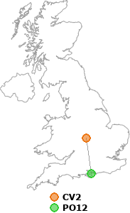 map showing distance between CV2 and PO12