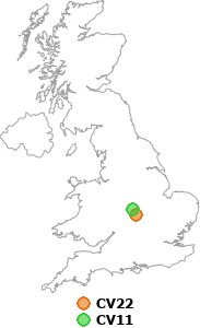 map showing distance between CV22 and CV11