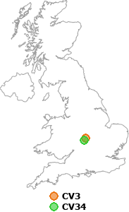 map showing distance between CV3 and CV34