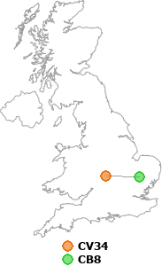 map showing distance between CV34 and CB8