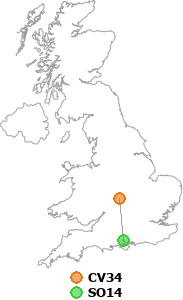 map showing distance between CV34 and SO14