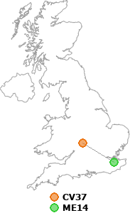 map showing distance between CV37 and ME14