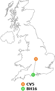 map showing distance between CV5 and BH16