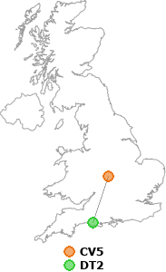 map showing distance between CV5 and DT2