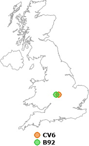 map showing distance between CV6 and B92