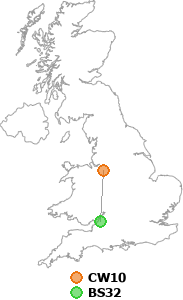 map showing distance between CW10 and BS32