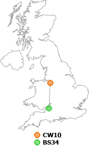 map showing distance between CW10 and BS34