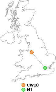 map showing distance between CW10 and N1