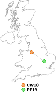 map showing distance between CW10 and PE19