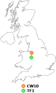 map showing distance between CW10 and TF1