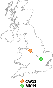 map showing distance between CW11 and MK44